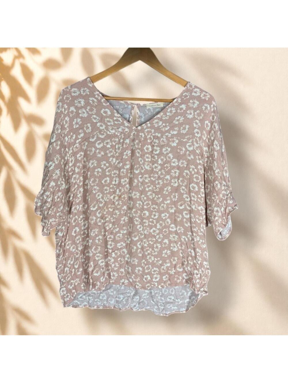 Cotton Bleu Blouse Women M Medium Pink Animal Print V-Neck Short Sleeve Rayon